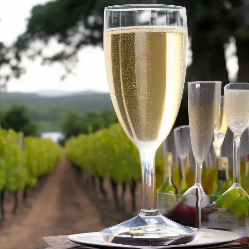 

A picture of a glass of champagne with a bottle of champagne in the background, surrounded by a vineyard.